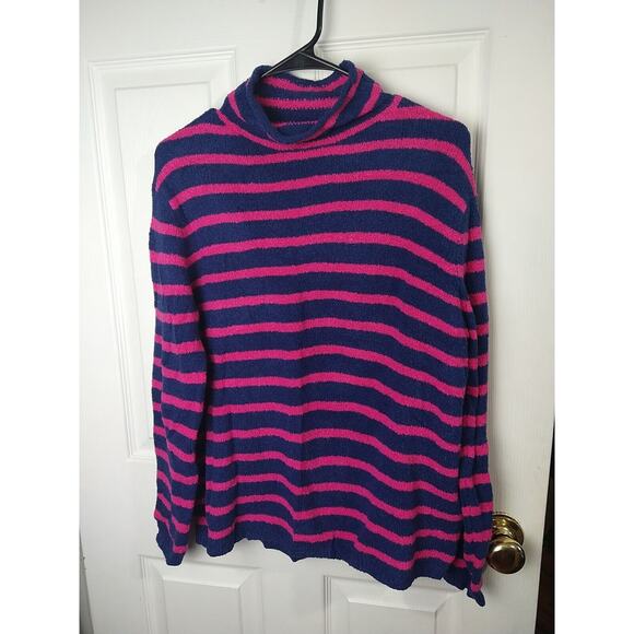 J Crew Woman S Sweater Pullover Mock Neck Pink Navy Striped Casual cabin core - Picture 1 of 8